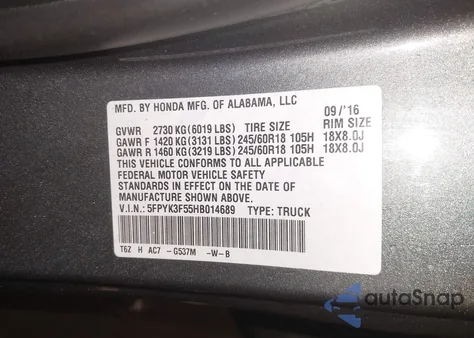 2017 Honda Ridgeline Rtl from USA, damaged, VIN 5FPYK3F55HB014689